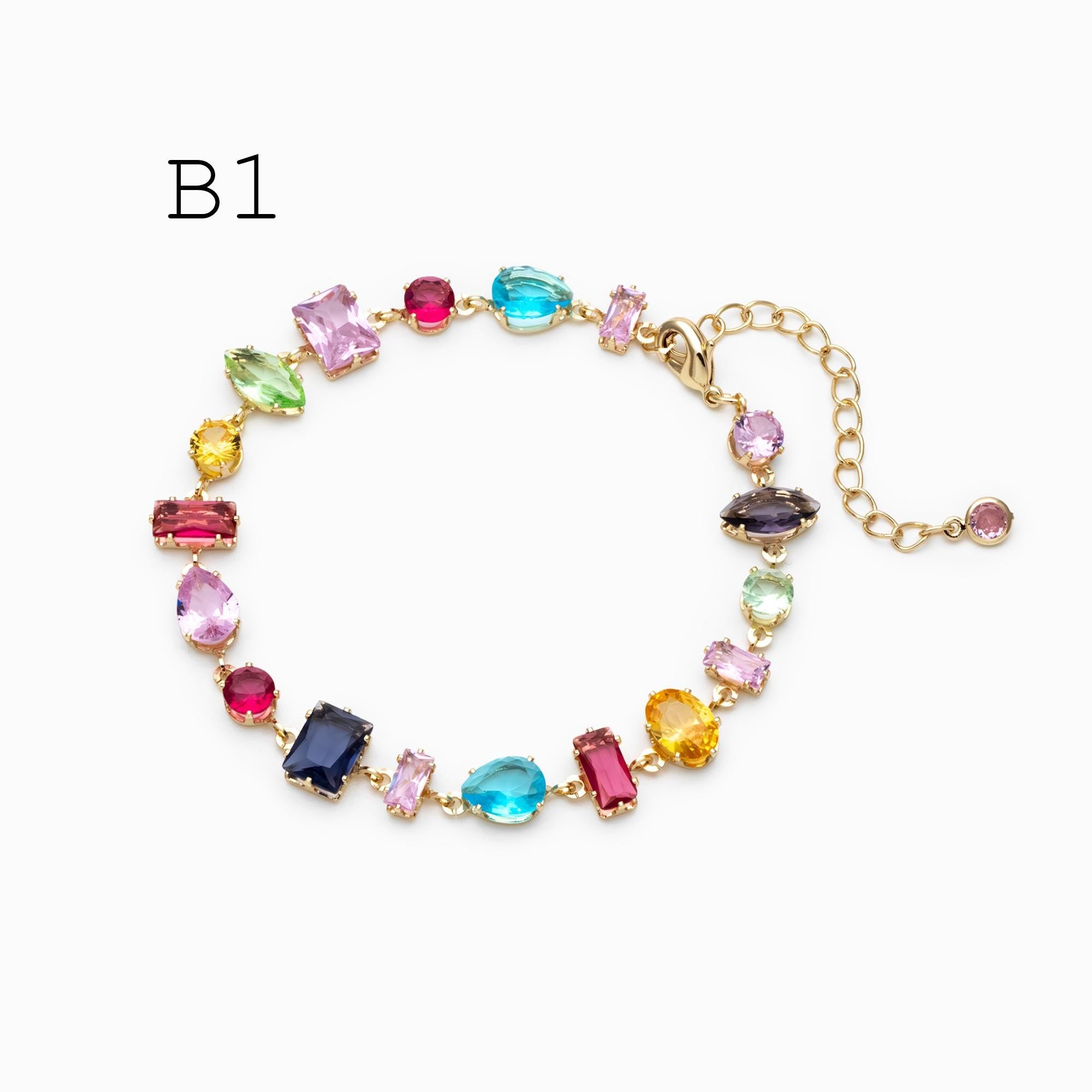 Rainbow Rhinestone Bracelet, Crystal Beaded Tennis Bracelets, Gold/ Rhodium plated Adjustable Bracelet (GB-4696)